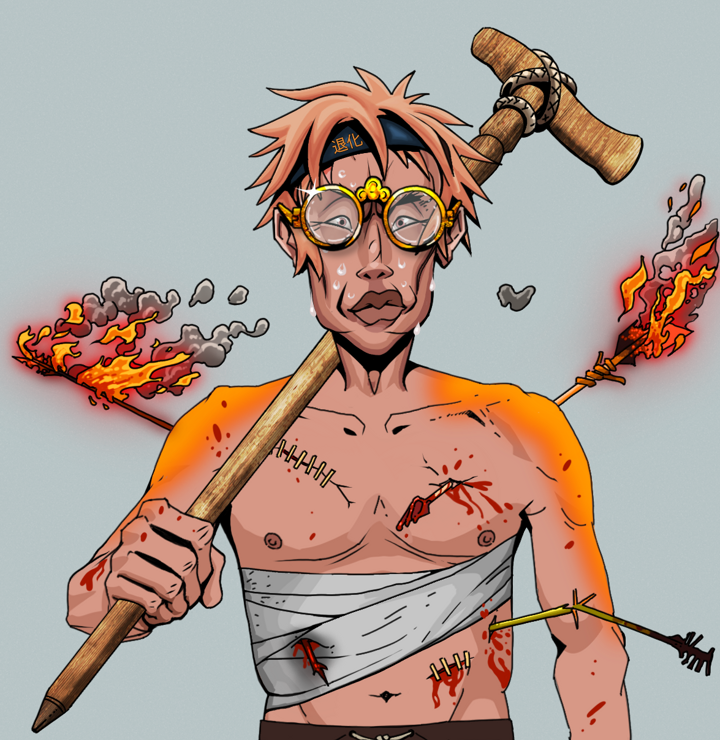 Stresshead Rin — Degen Dojo NFT art (Shirtless Runt, Light Grey, Degens, Bloody Mess, Stresshead Rin, Golden Glasses, Tiger Headband Ruffian, Wooden Walking Cane, Mint)