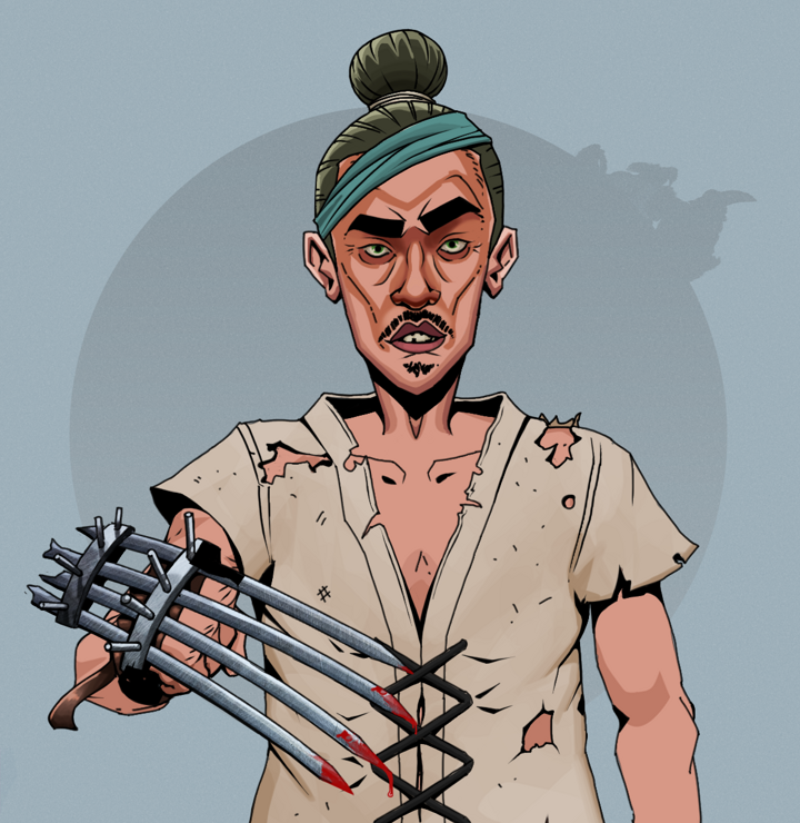Gloomy Masumi — Degen Dojo NFT art (Shirtless Runt, Grey Mist, Degens, Rice Sack Rags, Gloomy Masumi, Hair Bun, Tekko-Kagi Claws, Mint)