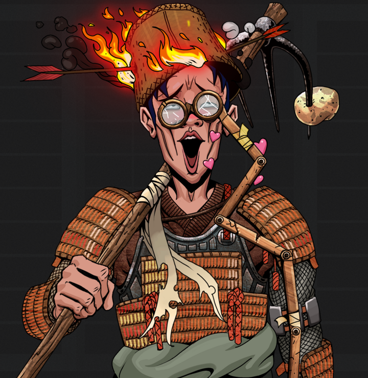 Lovey Haruto — Degen Dojo NFT art (Shirtless Runt, Shoji Night, Degens, Tatami Tosei Gusoku, Lovey Haruto, Telescopic Glasses, Burning Basket, Farmers Hoe, Mint)