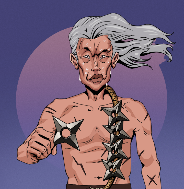 Stresshead Rin — Degen Dojo NFT art (Shirtless Runt, Purple Night, Degens, Battle Scars, Stresshead Rin, Wise Greatness, Shuriken Belt, Mint)