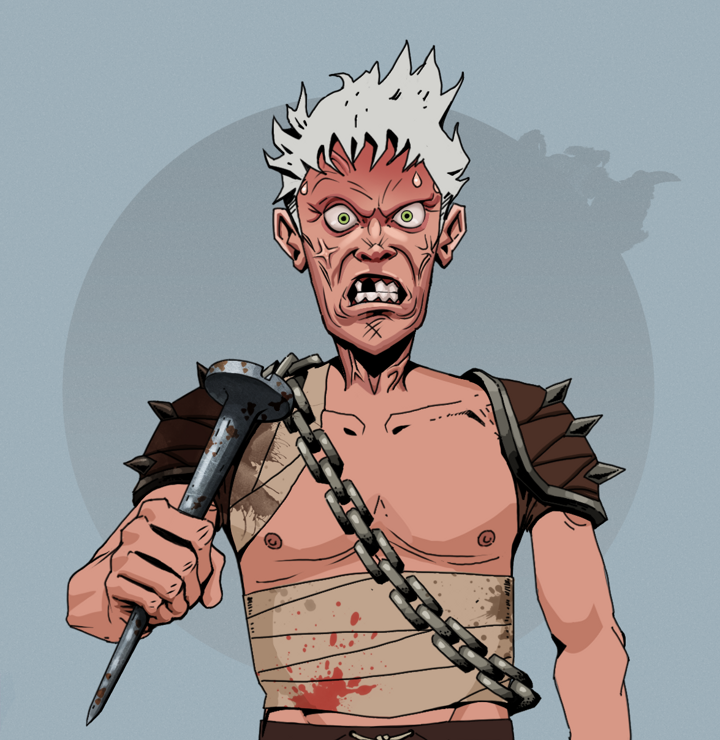 Angry Ikari — Degen Dojo NFT art (Shirtless Runt, Grey Mist, Degens, Mercenary, Angry Ikari, Short Spiky Grey, Rusty Nail, Mint)