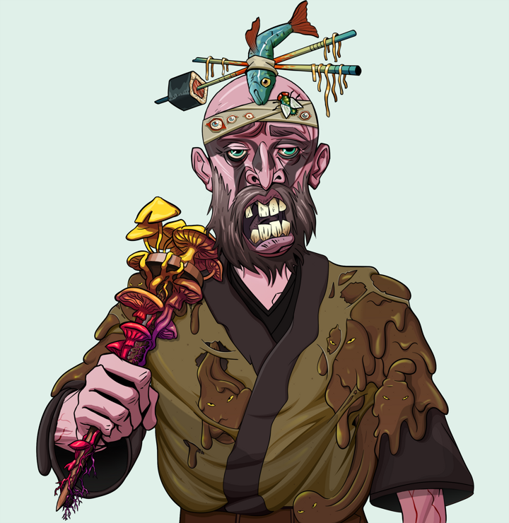 Oleg Of War — Degen Dojo NFT art (Shirtless Runt, Teal Daytime, Demons, Poop Pride Kimono, Oleg Of War, Hair Bun With Chopsticks, Rusty Nail, Mint)