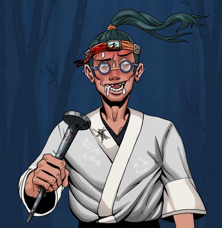 Yuuki — Degen Dojo NFT art (Shirtless Runt, Night Forest, Degens, No Honor Kimono, Yuuki, Spectacles, Green Bandana, Rusty Nail, Mint)