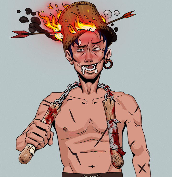 Yuuki — Degen Dojo NFT art (Wooden Loop, Light Grey, Degens, Battle Scars, Yuuki, Shirtless Runt, Burning Basket, Bloody Nunchucks, Mint)