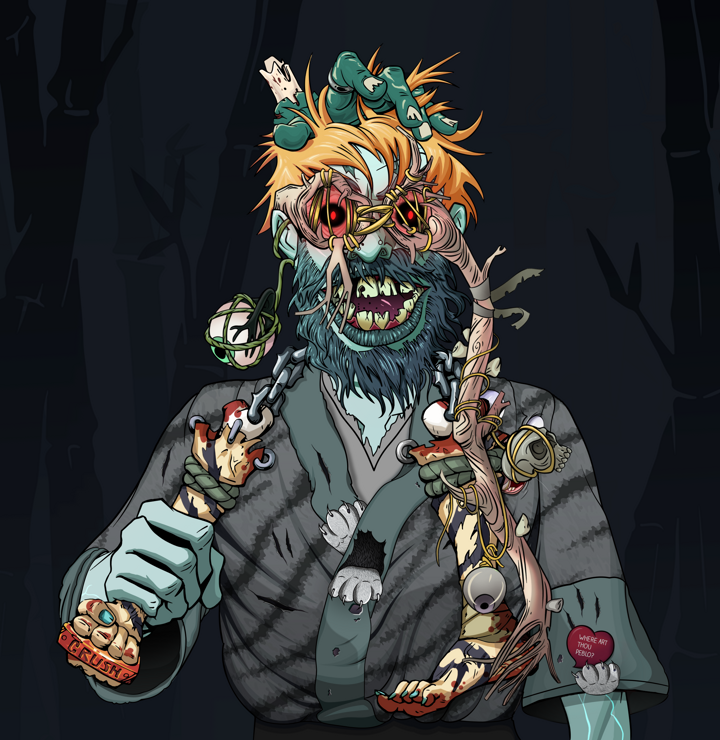 Igor The Bear — Degen Dojo NFT art (Shaman Eyes, Night Forest, Demons, Cet Kimono, Igor The Bear, Telescopic Glasses, Tiger Headband Ruffian, Bloody Nunchucks, Mint)