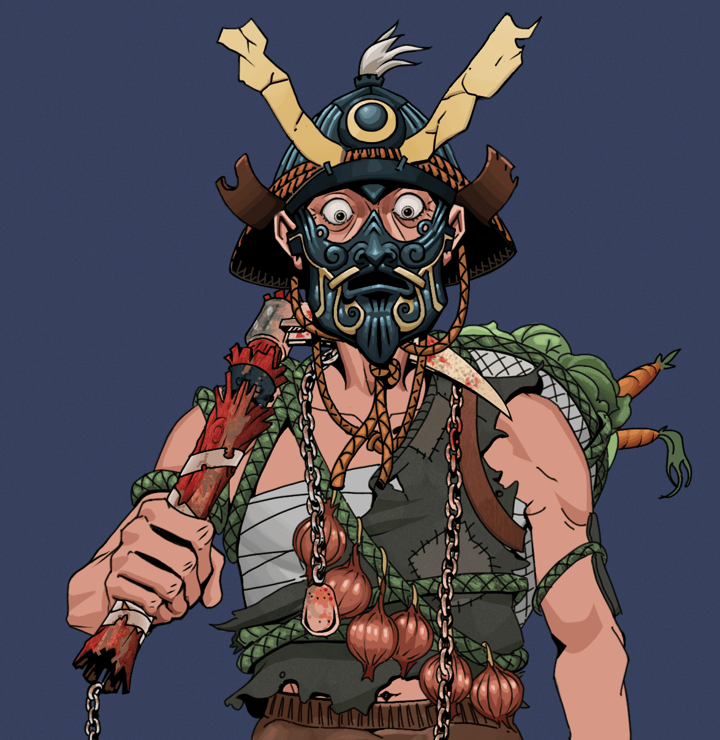 Shitless Botan — Degen Dojo NFT art (Shirtless Runt, Blue Evening, Degens, Farmer, Shitless Botan, Tatami Kabuto, Rusty Kusarigama, Mint)