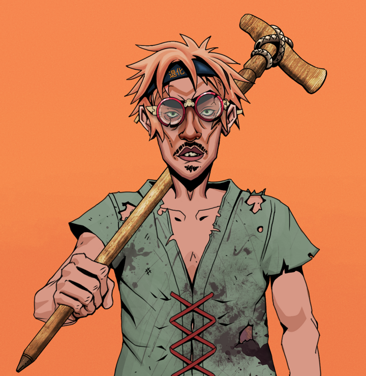 Gloomy Masumi — Degen Dojo NFT art (Shirtless Runt, Orange Afternoon, Degens, Dirty Peasant Rags, Gloomy Masumi, Broken Glasses, Tiger Headband Ruffian, Wooden Walking Cane, Mint)