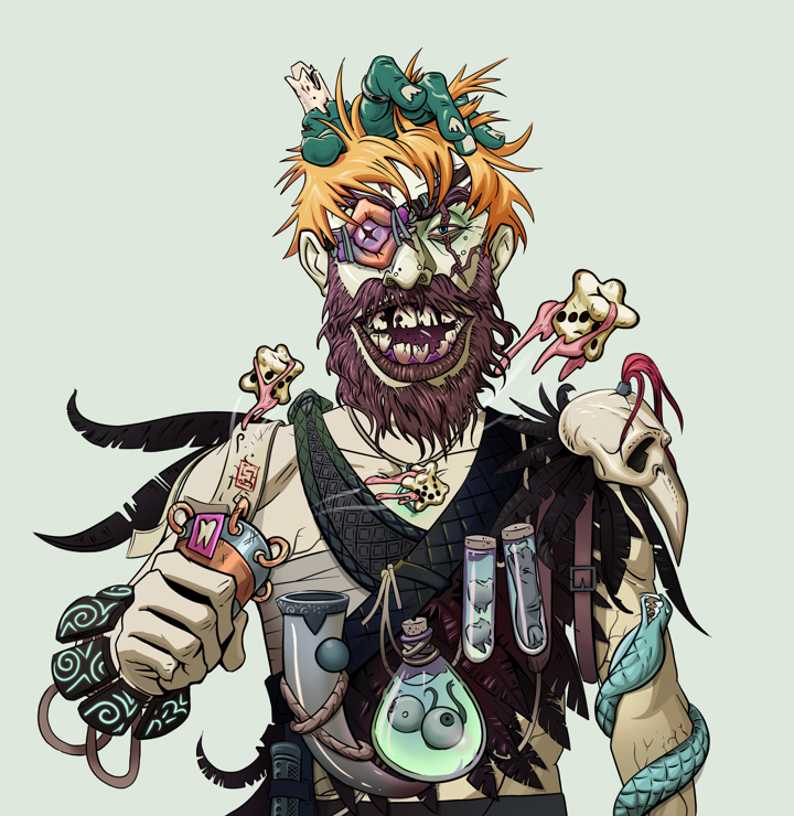 Igor The Veteran — Degen Dojo NFT art (Shirtless Runt, Olive Green, Demons, Bird Shaman, Igor The Veteran, Tiger Headband Ruffian, Chō-Han Gambling Dice, Mint)