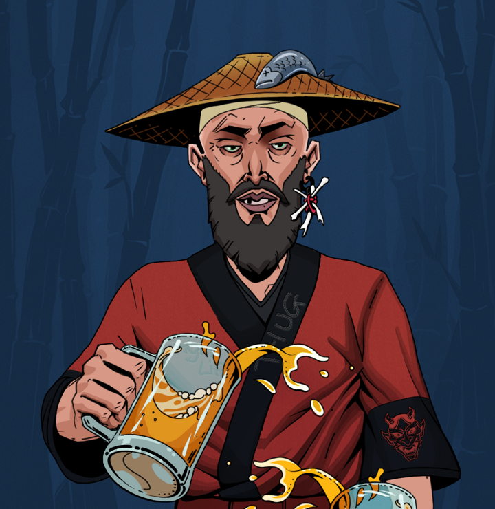 Serious Oleg — Degen Dojo NFT art (Finger Bones, Night Forest, Degens, Red Oni Kimono, Serious Oleg, Shirtless Runt, Wide Kasa Fisherman, Beer Splash, Mint)