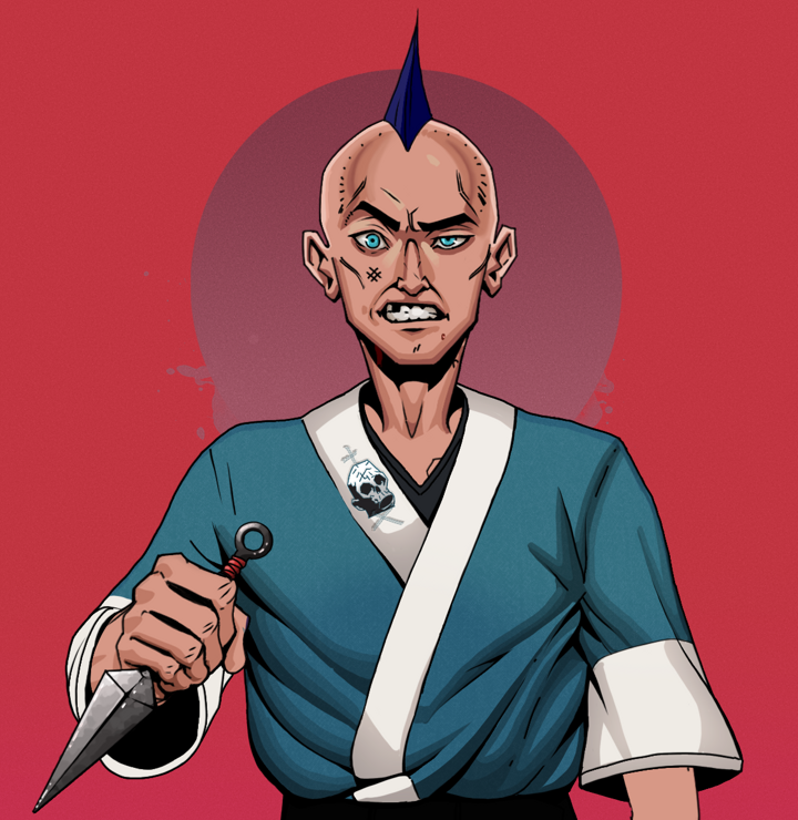 Akuma — Degen Dojo NFT art (Shirtless Runt, Red High Moon, Degens, Skull Kimono, Akuma, Mohawk Spike, Kunai, Mint)