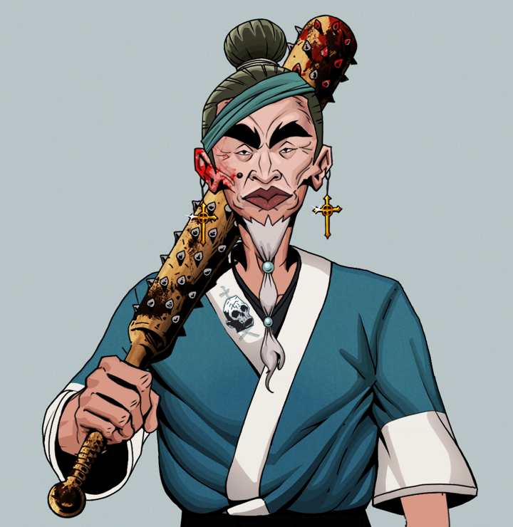 Yuji The Wise — Degen Dojo NFT art (Golden Jesuit Crosses, Light Grey, Degens, Skull Kimono, Yuji The Wise, Shirtless Runt, Hair Bun, Yakuza Club, Mint)