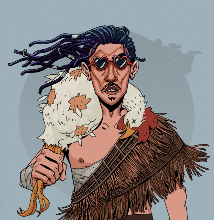 Gloomy Masumi — Degen Dojo NFT art (Shirtless Runt, Grey Mist, Degens, Dried Straw, Gloomy Masumi, Loveheart Shades, Flowing Dreads, Chicken, Mint)