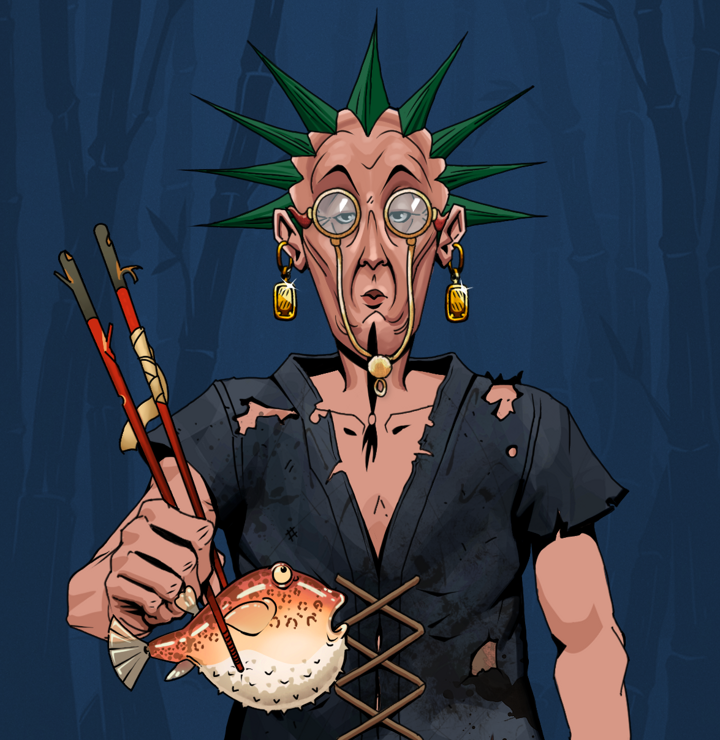 Edmundo — Degen Dojo NFT art (Gold Earrings, Night Forest, Degens, Black Peasant Sack, Edmundo, Pompous Glasses, Zapachi, Frightened Fugu, Mint)