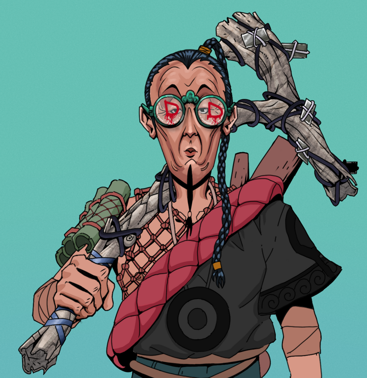 Edmundo — Degen Dojo NFT art (Shirtless Runt, Teal Daytime, Degens, Village Leader, Edmundo, Dojo Graffiti, Braided Samurai Ponytail, Large Branch, Mint)