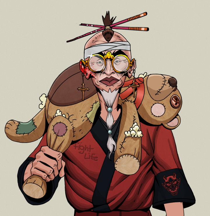 Yuji The Wise — Degen Dojo NFT art (Jesuit Crosses, Warm Grey, Degens, Red Oni Kimono, Yuji The Wise, Golden Glasses, Hair Bun With Chopsticks, Teddy Bear, Mint)