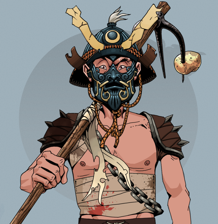 Stresshead Rin — Degen Dojo NFT art (Shirtless Runt, Grey Mist, Degens, Mercenary, Stresshead Rin, Tatami Kabuto, Farmers Hoe, Mint)