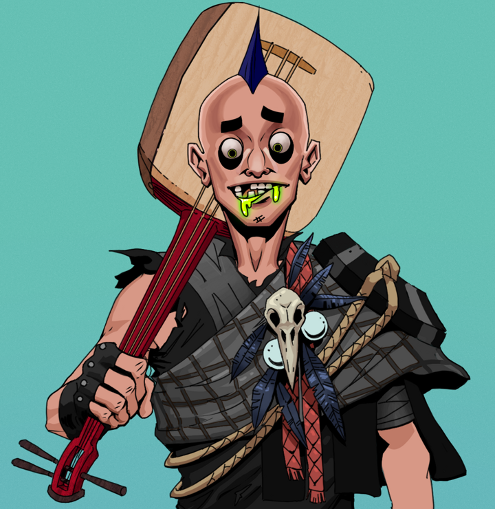 Toxic Azuma — Degen Dojo NFT art (Shirtless Runt, Teal Daytime, Degens, Bird Shaman, Toxic Azuma, Mohawk Spike, Shamisen, Mint)