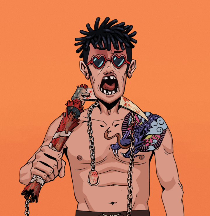Tokuda — Degen Dojo NFT art (Shirtless Runt, Orange Afternoon, Degens, Dragon Head Tattoo, Tokuda, Loveheart Shades, Black Bantu Knots, Rusty Kusarigama, Mint)