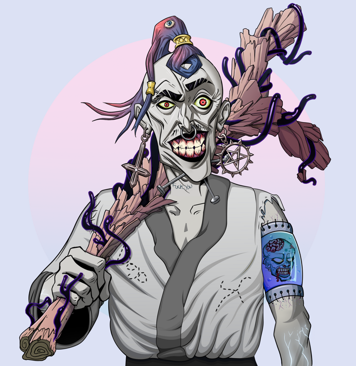 Junichiro — Degen Dojo NFT art (Jesuit Crosses, Purple Night, Demons, No Honor Kimono, Junichiro, Shirtless Runt, Dejen Samurai, Large Branch, Mint)