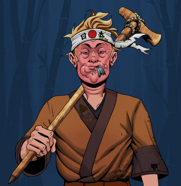 Fatty Bobsticks — Degen Dojo NFT art (Shirtless Runt, Night Forest, Degens, Poop Pride Kimono, Fatty Bobsticks, Karate Headband, Wooden Walking Cane, Mint)