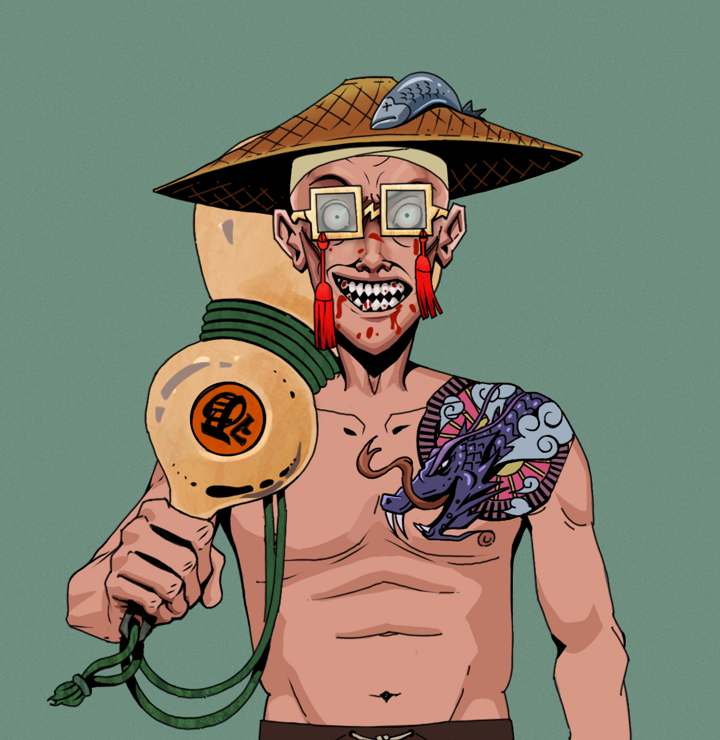 Assassin Fuzen — Degen Dojo NFT art (Shirtless Runt, Olive Green, Degens, Dragon Head Tattoo, Assassin Fuzen, Shoji Tassel Glasses, Wide Kasa Fisherman, Giant Sake Bottle, Mint)