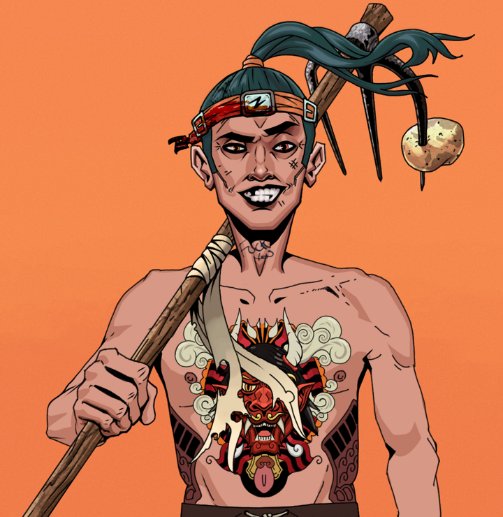 Junichiro — Degen Dojo NFT art (Shirtless Runt, Orange Afternoon, Degens, Red Oni Tattoo, Junichiro, Green Bandana, Farmers Hoe, Mint)