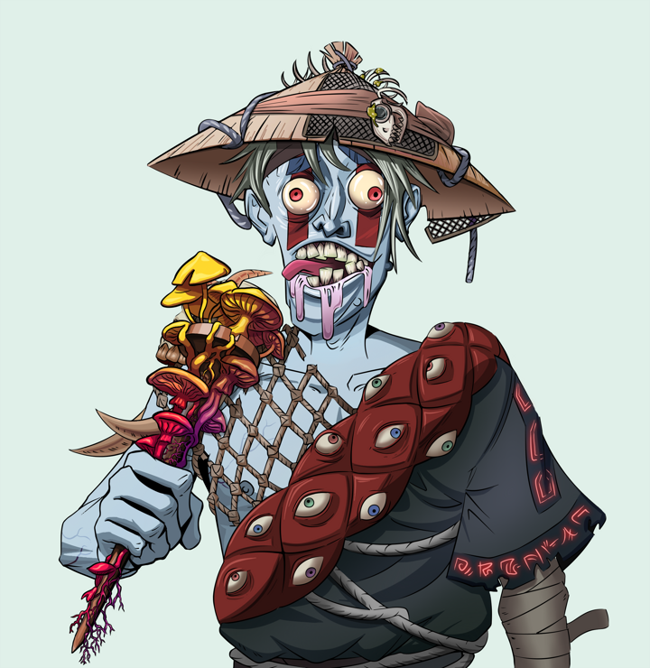Drooling Azuma — Degen Dojo NFT art (Shirtless Runt, Teal Daytime, Demons, Village Leader, Drooling Azuma, Wide Kasa Fisherman, Rusty Nail, Mint)
