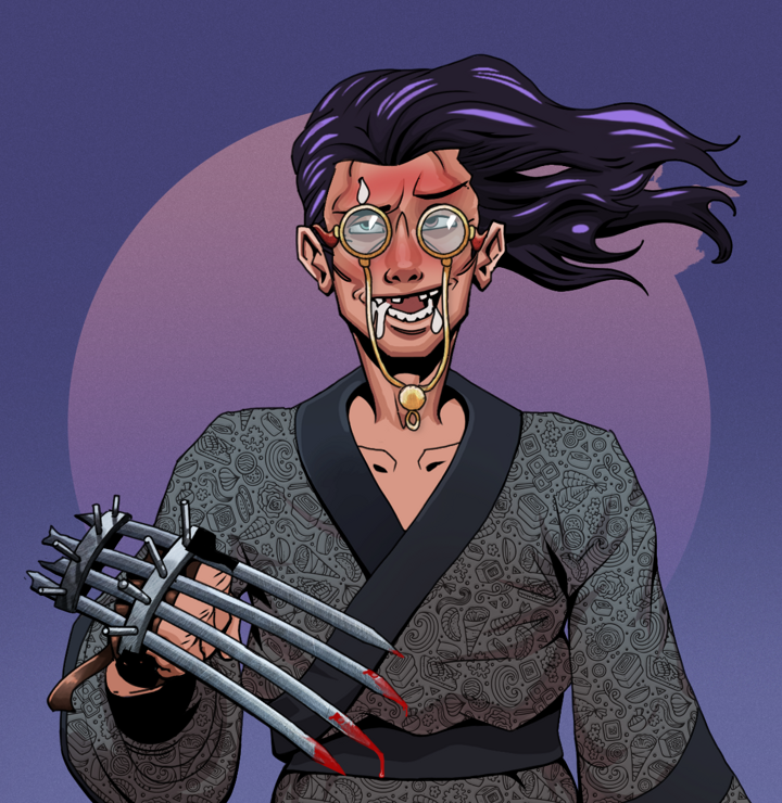 Yuuki — Degen Dojo NFT art (Shirtless Runt, Purple Night, Degens, Sushi Love Loose Kimono, Yuuki, Pompous Glasses, Flowing Battousai, Tekko-Kagi Claws, Mint)