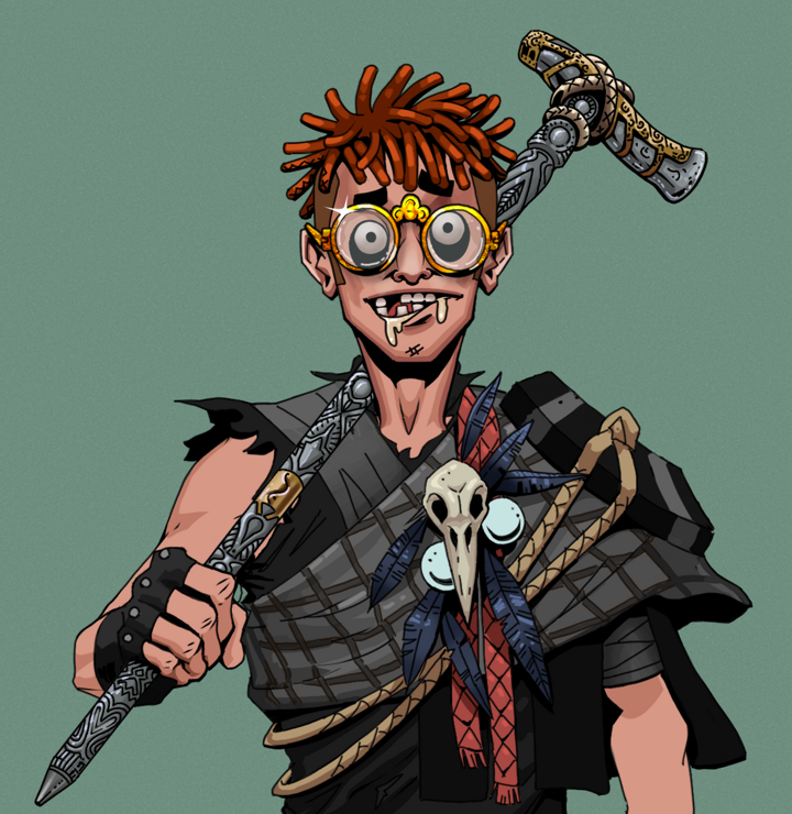 Drooling Azuma — Degen Dojo NFT art (Shirtless Runt, Olive Green, Degens, Bird Shaman, Drooling Azuma, Golden Glasses, Orange Bantu Knots, Artisan Walking Cane, Mint)