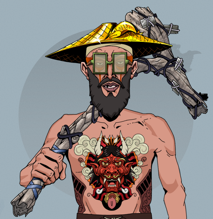 Oleg Of War — Degen Dojo NFT art (Shirtless Runt, Grey Mist, Degens, Red Oni Tattoo, Oleg Of War, Shoji Glasses, Golden Kasa Fisherman, Large Branch, Mint)