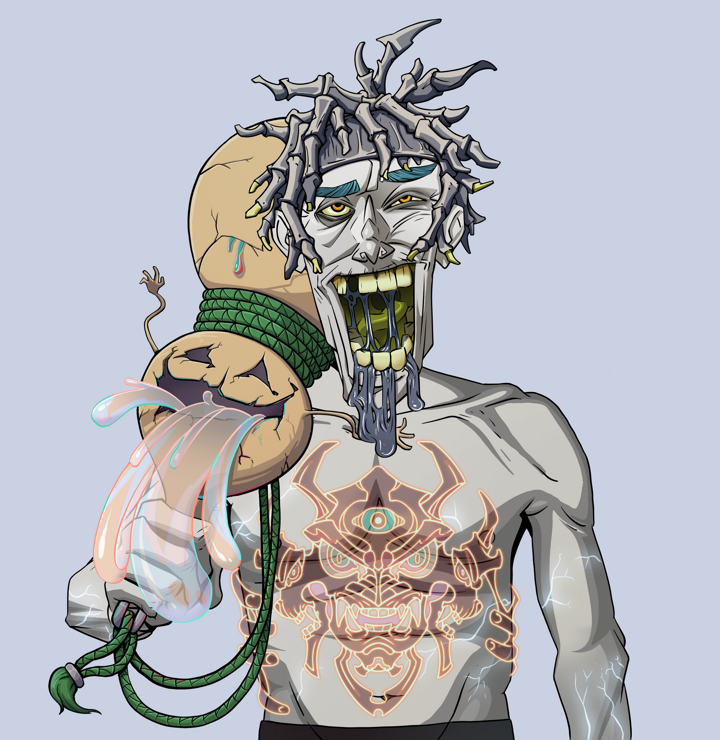 Yuuki — Degen Dojo NFT art (Shirtless Runt, Blue Evening, Demons, Red Oni Tattoo, Yuuki, White Ruffian, Giant Sake Bottle, Mint)