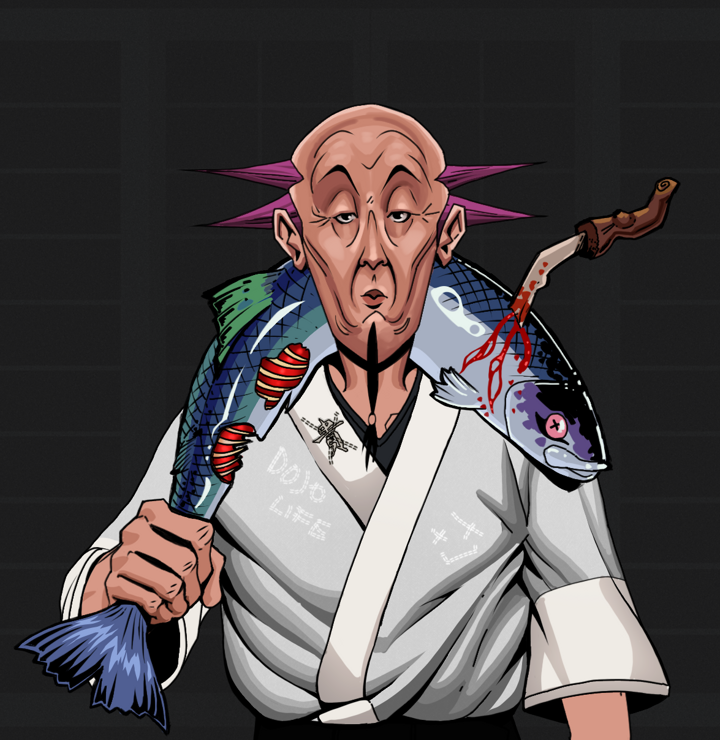 Edmundo — Degen Dojo NFT art (Shirtless Runt, Shoji Night, Degens, No Honor Kimono, Edmundo, Dejen Mohawk, Dead Fish, Mint)