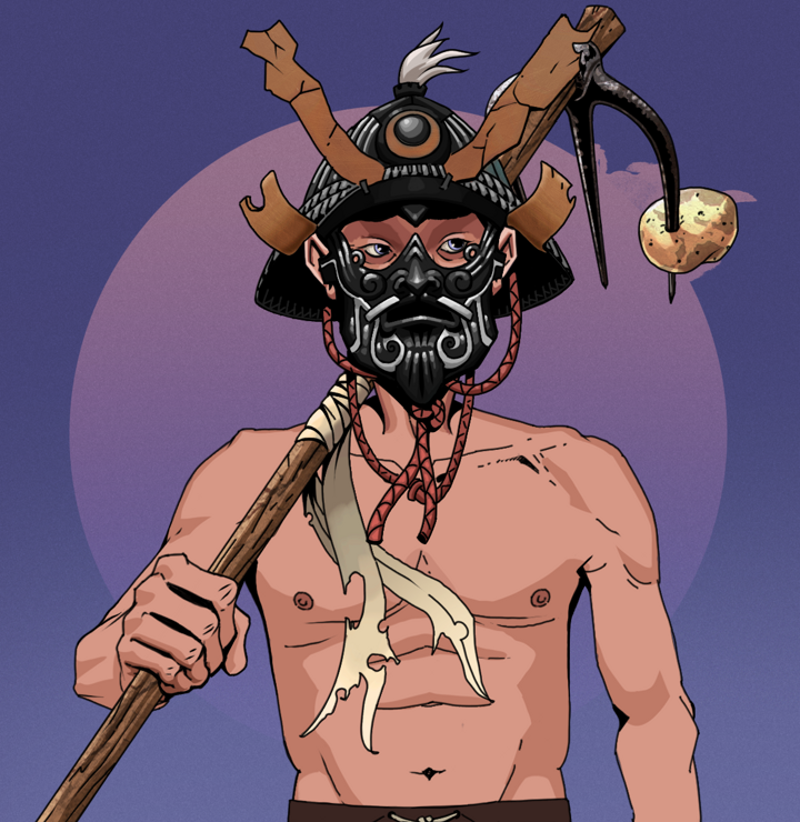 Masumi Steel — Degen Dojo NFT art (Shirtless Runt, Purple Night, Degens, Masumi Steel, Black Iron Kabuto, Farmers Hoe, Mint)