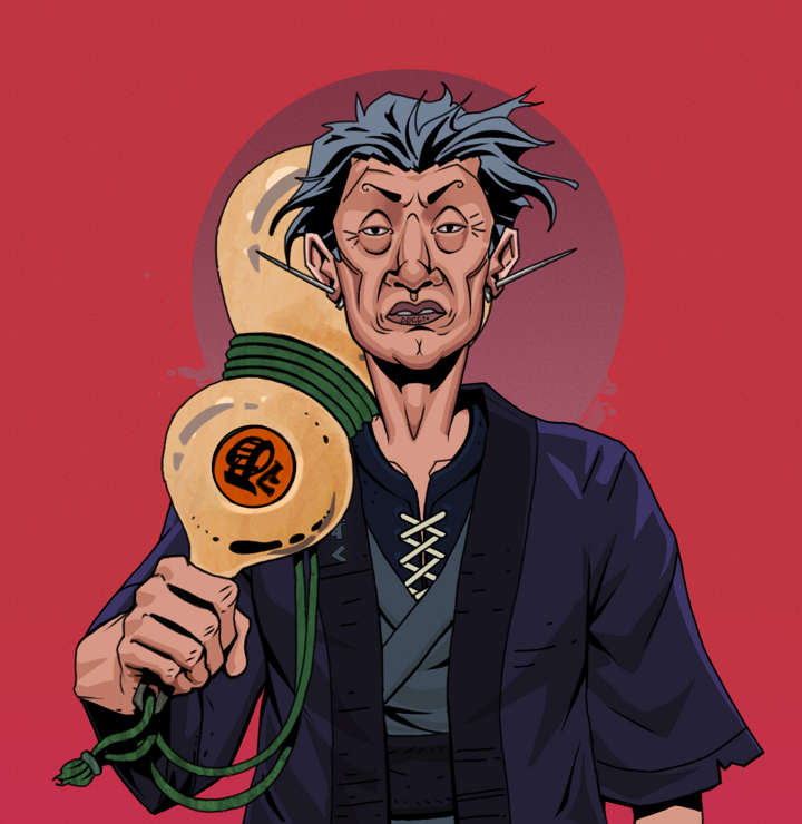 Goro — Degen Dojo NFT art (Nails, Red High Moon, Degens, Daimyo Warrior Kimono, Goro, Shirtless Runt, Wavy, Giant Sake Bottle, Mint)