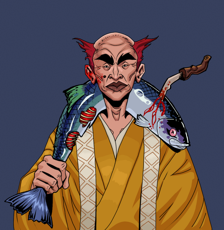 Young Yuji — Degen Dojo NFT art (Shirtless Runt, Blue Evening, Degens, Ordained Dejen, Young Yuji, Red Heihachi, Dead Fish, Mint)