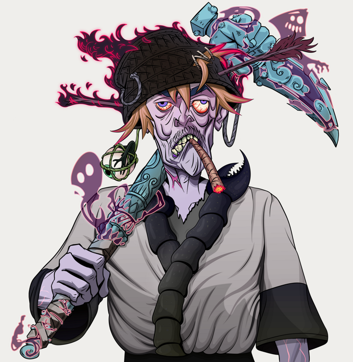 Raikou The Stoner — Degen Dojo NFT art (Shaman Eyes, Warm Grey, Demons, Katana Kimono, Raikou The Stoner, Shirtless Runt, Burning Basket, Stone Fist-Sickle, Mint)