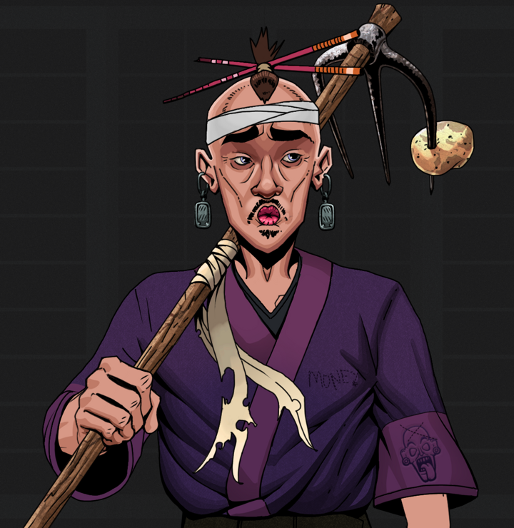 Masumi Steel — Degen Dojo NFT art (Iron Earrings, Shoji Night, Degens, Money Kimono, Masumi Steel, Shirtless Runt, Hair Bun With Chopsticks, Farmers Hoe, Mint)