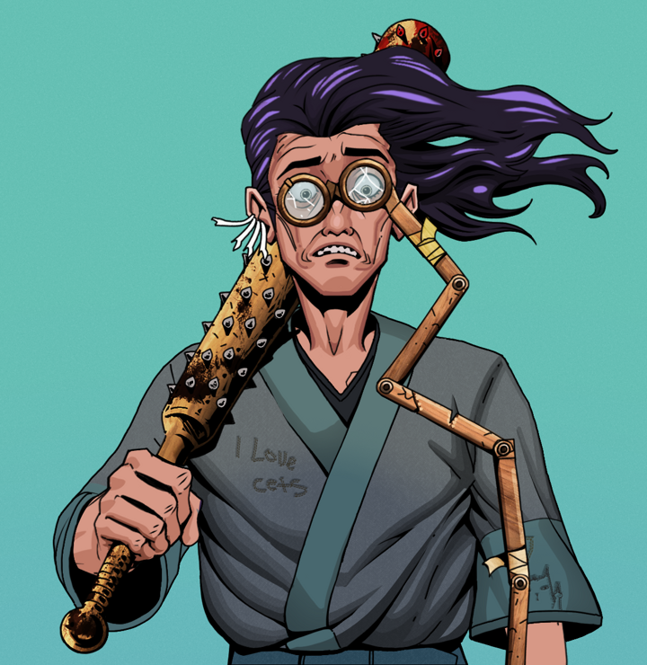Shitless Botan — Degen Dojo NFT art (Chicken Bones, Teal Daytime, Degens, Cet Kimono, Shitless Botan, Telescopic Glasses, Flowing Battousai, Yakuza Club, Mint)