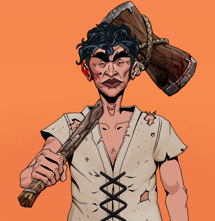 Young Yuji — Degen Dojo NFT art (Shirtless Runt, Orange Afternoon, Degens, Rice Sack Rags, Young Yuji, Messy, Wooden Warhammer, Mint)
