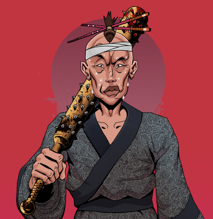 Stresshead Rin — Degen Dojo NFT art (Shirtless Runt, Red High Moon, Degens, Sushi Love Loose Kimono, Stresshead Rin, Hair Bun With Chopsticks, Yakuza Club, Mint)