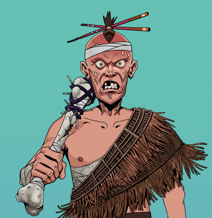 Angry Ikari — Degen Dojo NFT art (Shirtless Runt, Teal Daytime, Degens, Dried Straw, Angry Ikari, Hair Bun With Chopsticks, Spiky Femur, Mint)