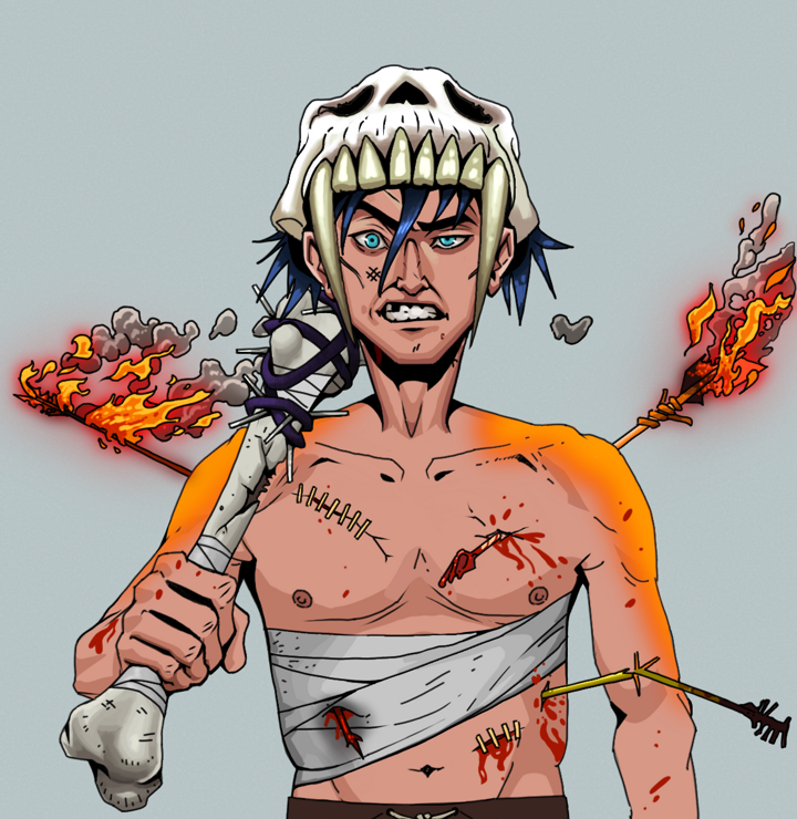 Akuma — Degen Dojo NFT art (Shirtless Runt, Light Grey, Degens, Bloody Mess, Akuma, Sabertooth Skull, Spiky Femur, Mint)