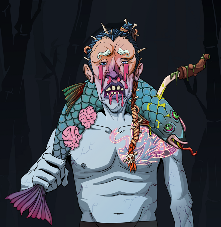 Teary Goro — Degen Dojo NFT art (Shirtless Runt, Night Forest, Demons, Dragon Head Tattoo, Teary Goro, Braided Samurai Ponytail, Dead Fish, Mint)