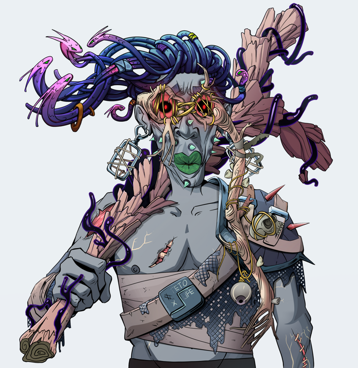Gloomy Masumi — Degen Dojo NFT art (Iron Earrings, Light Grey, Demons, Dried Straw, Gloomy Masumi, Telescopic Glasses, Flowing Dreads, Large Branch, Mint)