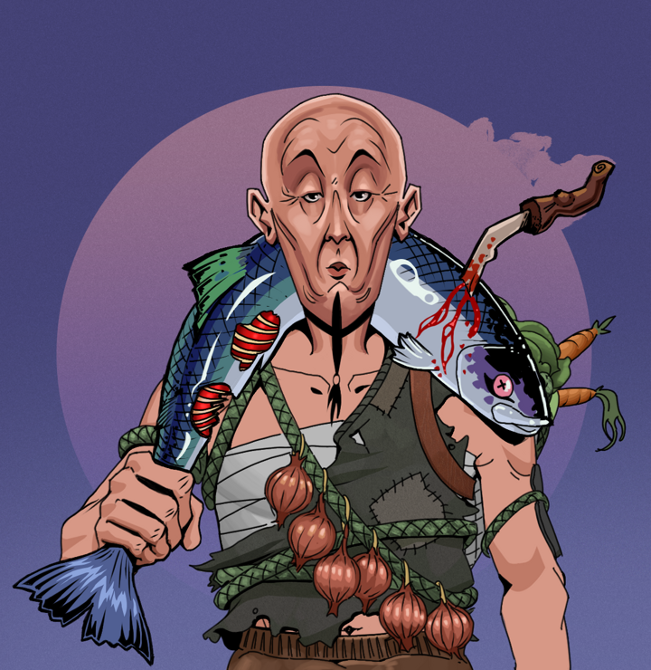 Edmundo — Degen Dojo NFT art (Shirtless Runt, Purple Night, Degens, Farmer, Edmundo, Bald, Dead Fish, Mint)