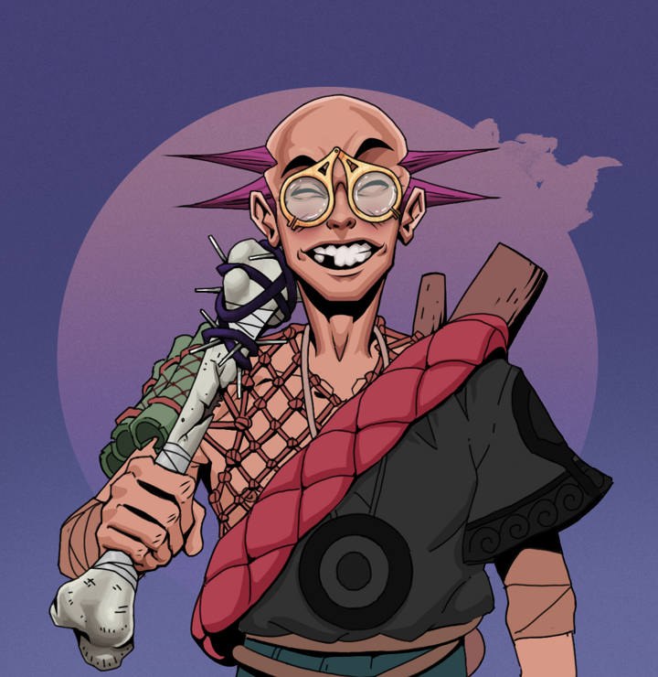 Cheery Haru — Degen Dojo NFT art (Shirtless Runt, Purple Night, Degens, Village Leader, Cheery Haru, Pocket Glasses, Dejen Mohawk, Spiky Femur, Mint)