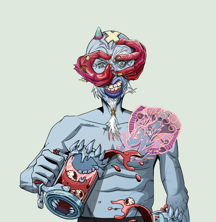 Yuji The Wise — Degen Dojo NFT art (Shirtless Runt, Olive Green, Demons, Dragon Head Tattoo, Yuji The Wise, Shoji Tassel Glasses, Bald, Beer Splash, Mint)