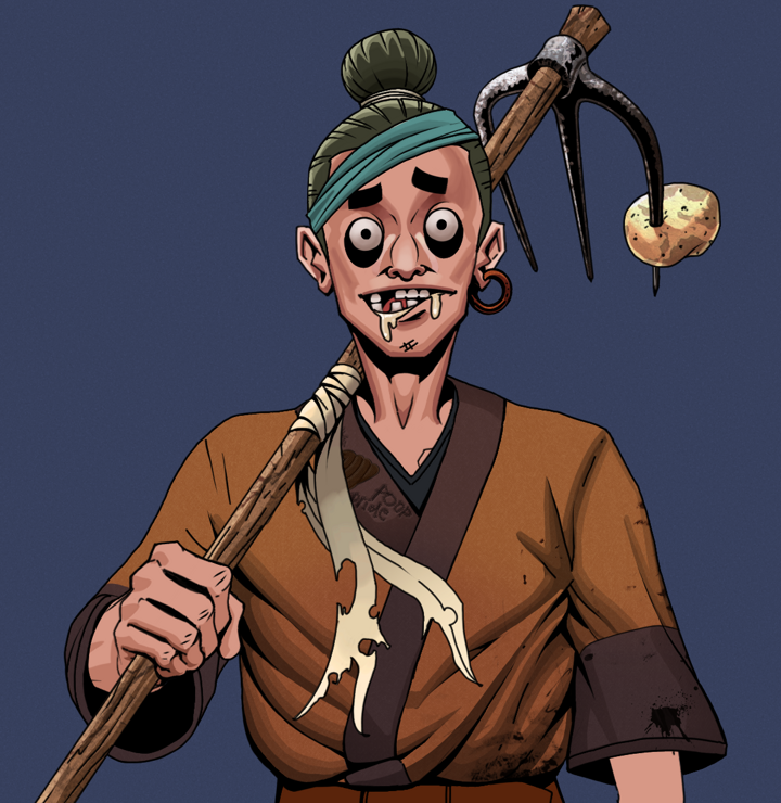 Drooling Azuma — Degen Dojo NFT art (Wooden Loop, Blue Evening, Degens, Poop Pride Kimono, Drooling Azuma, Shirtless Runt, Hair Bun, Farmers Hoe, Mint)