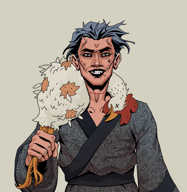 Junichiro Reborn — Degen Dojo NFT art (Shirtless Runt, Warm Grey, Degens, Sushi Love Loose Kimono, Junichiro Reborn, Wavy, Chicken, Mint)