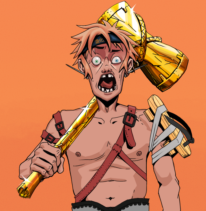 Tokuda — Degen Dojo NFT art (Nails, Orange Afternoon, Degens, Strap On Geta, Tokuda, Shirtless Runt, Tiger Headband Ruffian, Golden Warhammer, Mint)